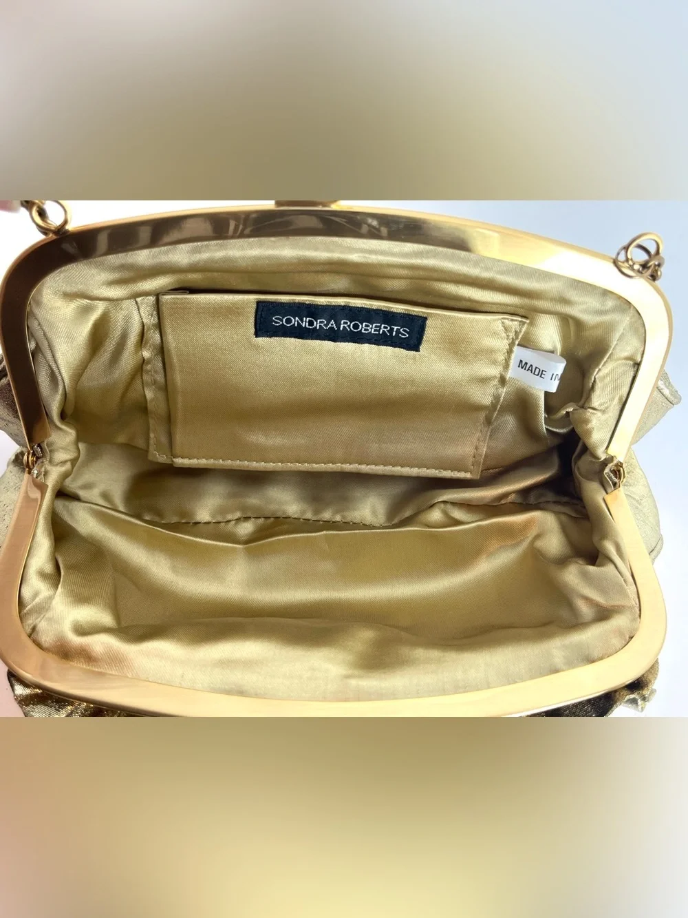Gold Floral Accent Evening Clutch with Chain Strap by Sondra Roberts